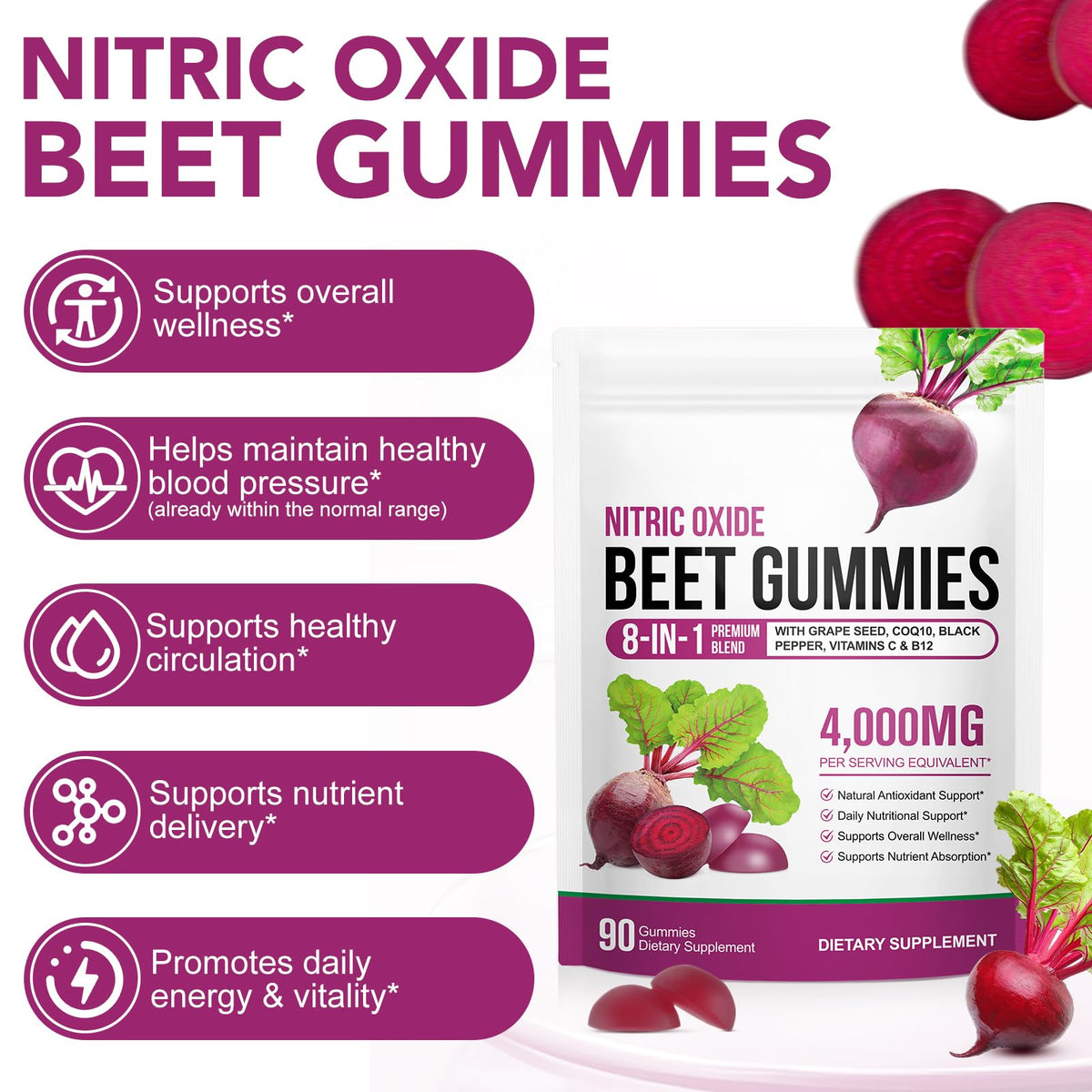 Beetroot Gummies, 90 Count - Non-GMO Beet Root Supplement for Healthy Circulation & Energy - Natural Vegan Fruit Flavor 🍁 All In One Marketplace Canada
