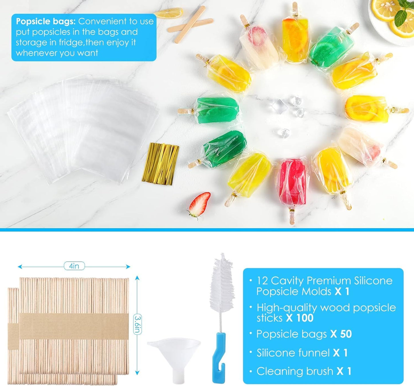 POLCANUR Popsicle Molds Silicone BPA-Free,12 Pieces Popsicle Trays for Freezer,Homemade Ice Cream Popsicle Molds,Large Ice Pop Maker Set,Reusable Ice Lolly Mould with 50PCS Popsicle Sticks 🍁 All In One Marketplace Canada