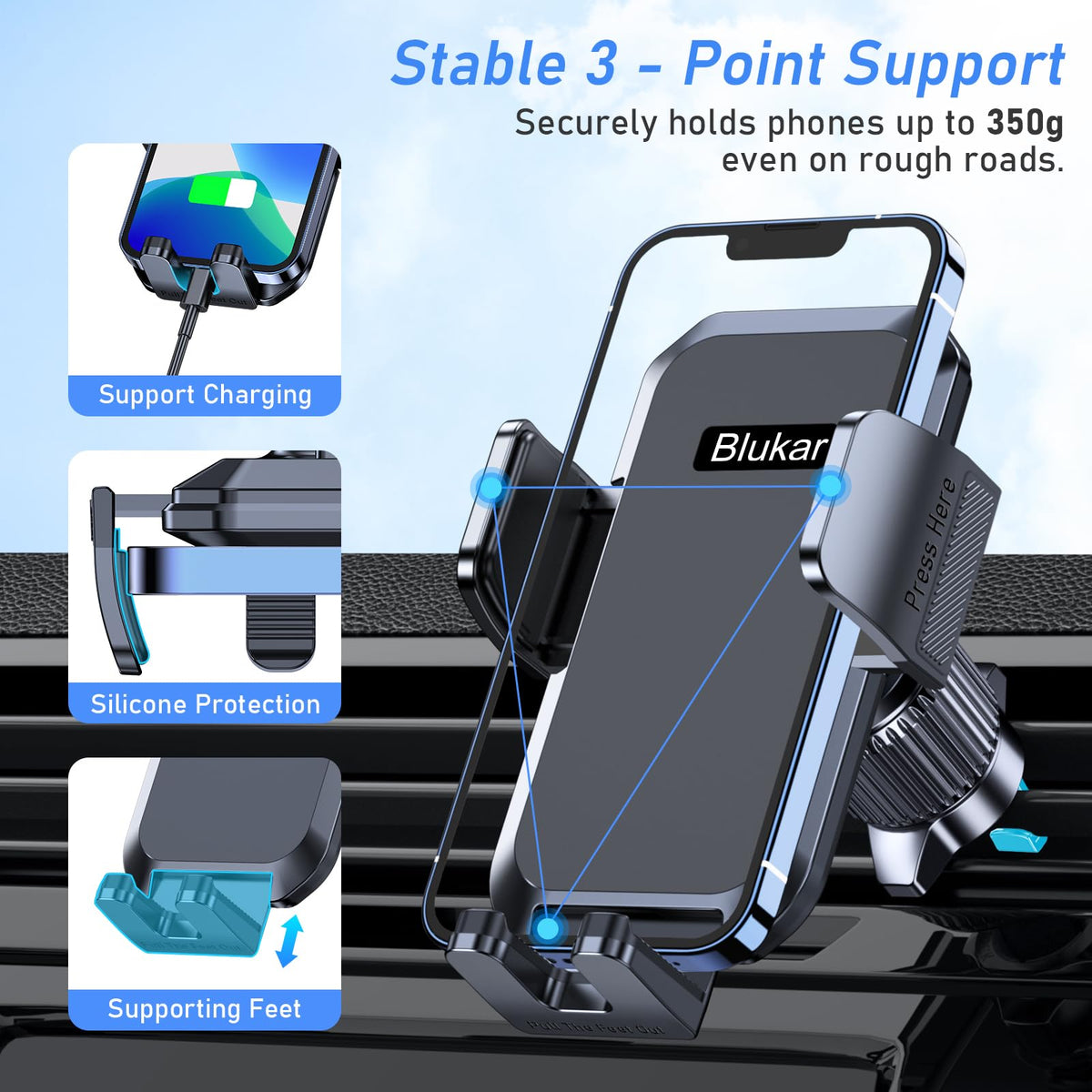 Blukar Phone Holder Car, Air Vent Car Phone Mount with Upgraded Ultra Stable Hook Clip, 360° Rotation, One Button Release Cellphone Holder for iPhone, Google, Galaxy and All Mobile Phones 🍁 All In One Marketplace Canada