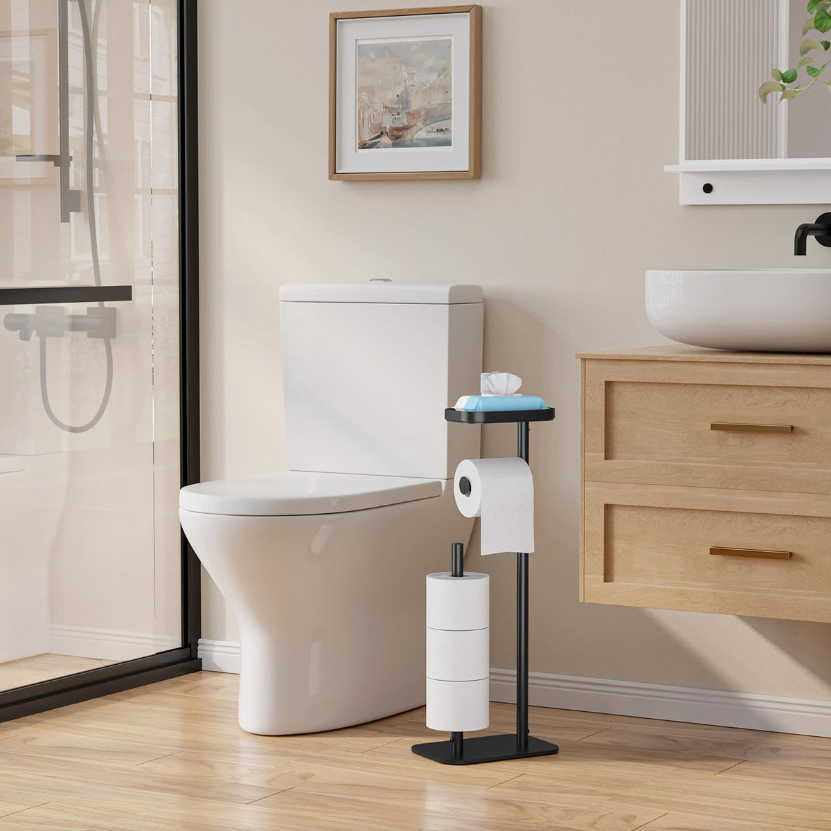 Kitsure Toilet Paper Roll Holder Free Standing – Rustproof Metal Toilet Paper Stand for 4 Rolls with Anti-Slip Base and Shelf for Phone & Small Items, Black, 63.0 x 23.5 x 15.0 cm 🍁 All In One Marketplace Canada