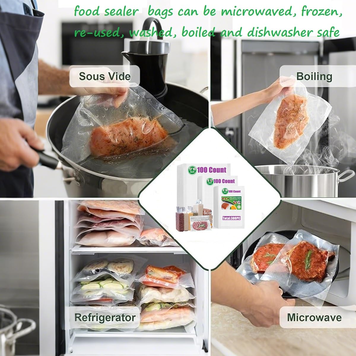 YILUFA1688 Vacuum Sealer Bags 300 Count, Pre-Cut Mixed Sizes (8"x12", 7"x10", 6"x8"), Commercial Grade Heavy Duty BPA-Free Bags, Freezer Safe, Sous Vide & Compatible with All Vacuum Sealers 🍁 All In One Marketplace Canada