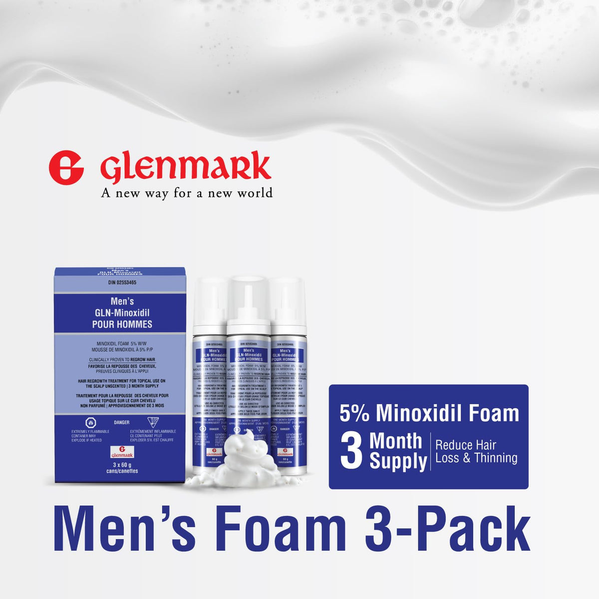 Glenmark | Minoxidil 5% Hair Regrowth Foam for Men, Aerosol Can, 3 Month Treatment (180 gr) – Mess-Free, Fast-Drying Formula for Thinning Hair & Hair Loss – Reactivates Follicles 🍁 All In One Marketplace Canada