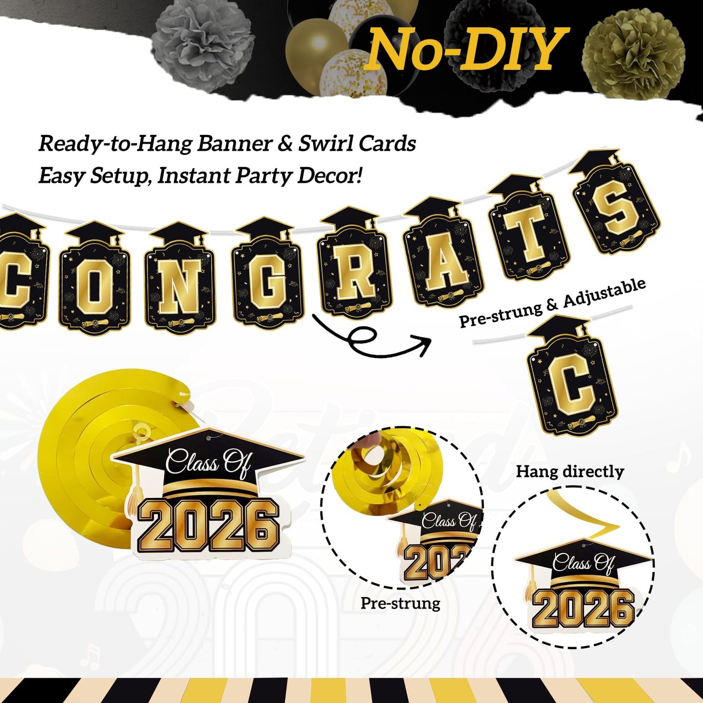 Graduation Decorations 2026 Black Gold 35PCS, Pre-Strung Congrats Grad Banner, Class of 2026 Backdrop, Balloons, Hanging Swirls, Graduation Party Decorations,PRE-ASSEMBLED 🍁 All In One Marketplace Canada