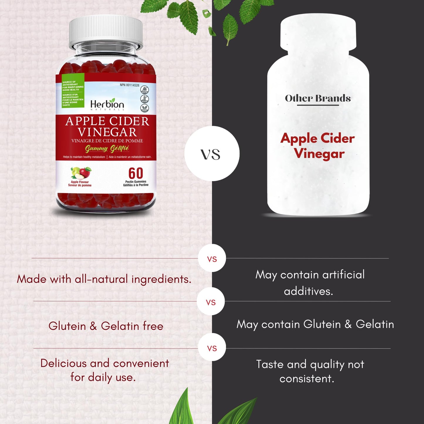 Herbion Naturals Apple Cider Vinegar Gummy with Folic Acid, Pomegranate, Beetroot & vitamin B12, source of Antioxidants to maintain Good Health & Metabolism, 60 Pectin Gummies for Adults, Apple Flavour 🍁 All In One Marketplace Canada