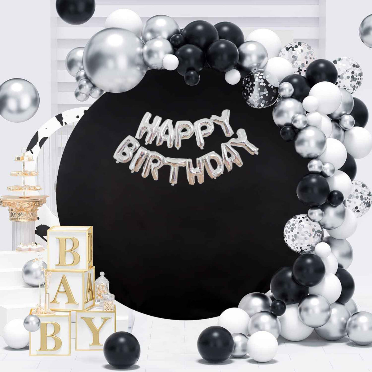 Black Round Backdrop Cover Circle Halloween Photography Party Background 7.2x7.2ft Birthday Backdrop for Halloween Party Baby Shower Decor