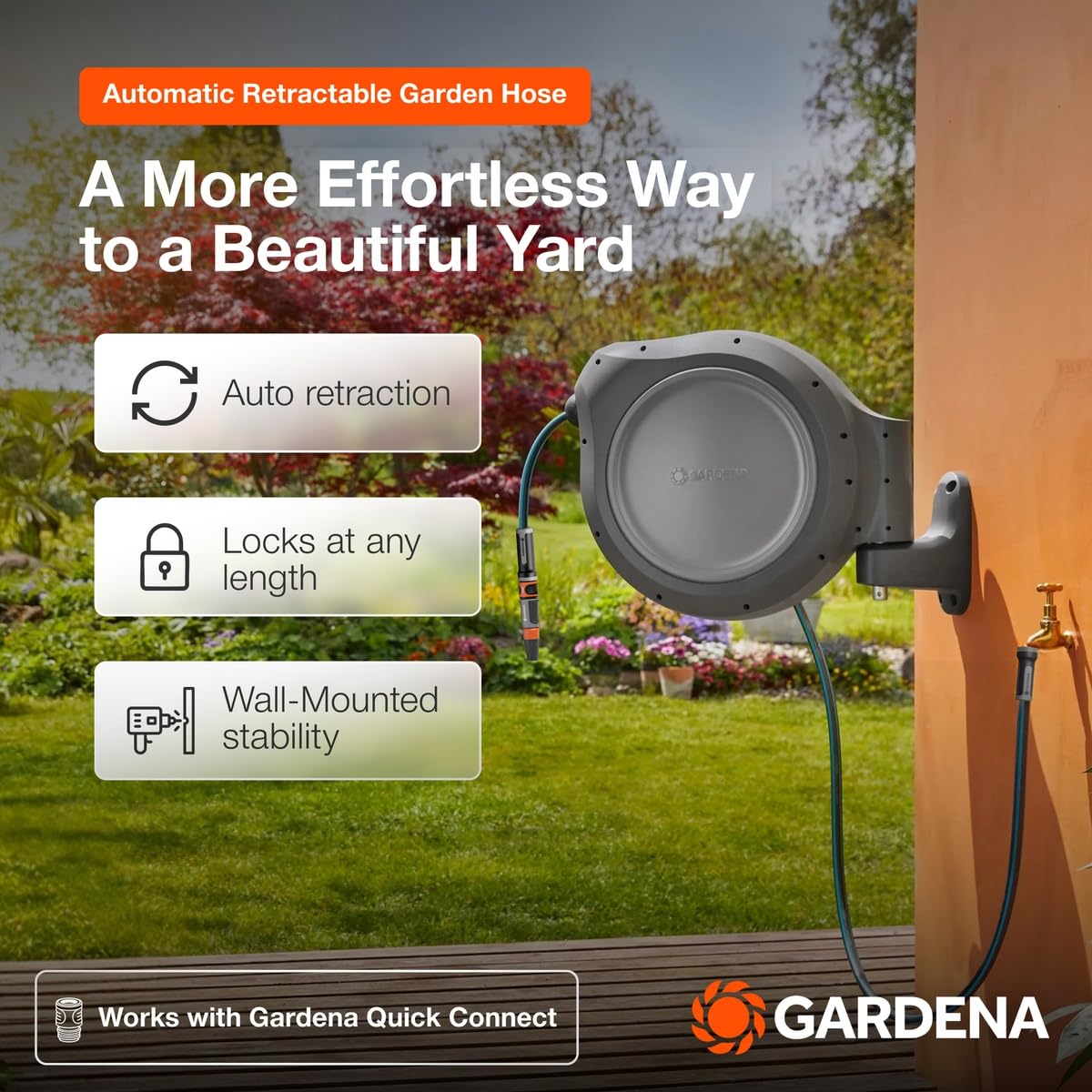 GARDENA 20502-80, Retractable Garden Hose Reel 75' x 1/2" Hose, Wall Mounted, Automatic Retraction & Length Lock for Easy Watering. Heavy Duty Swivel Bracket 180°, Includes Nozzle. Made in Europe 🍁 All In One Marketplace Canada