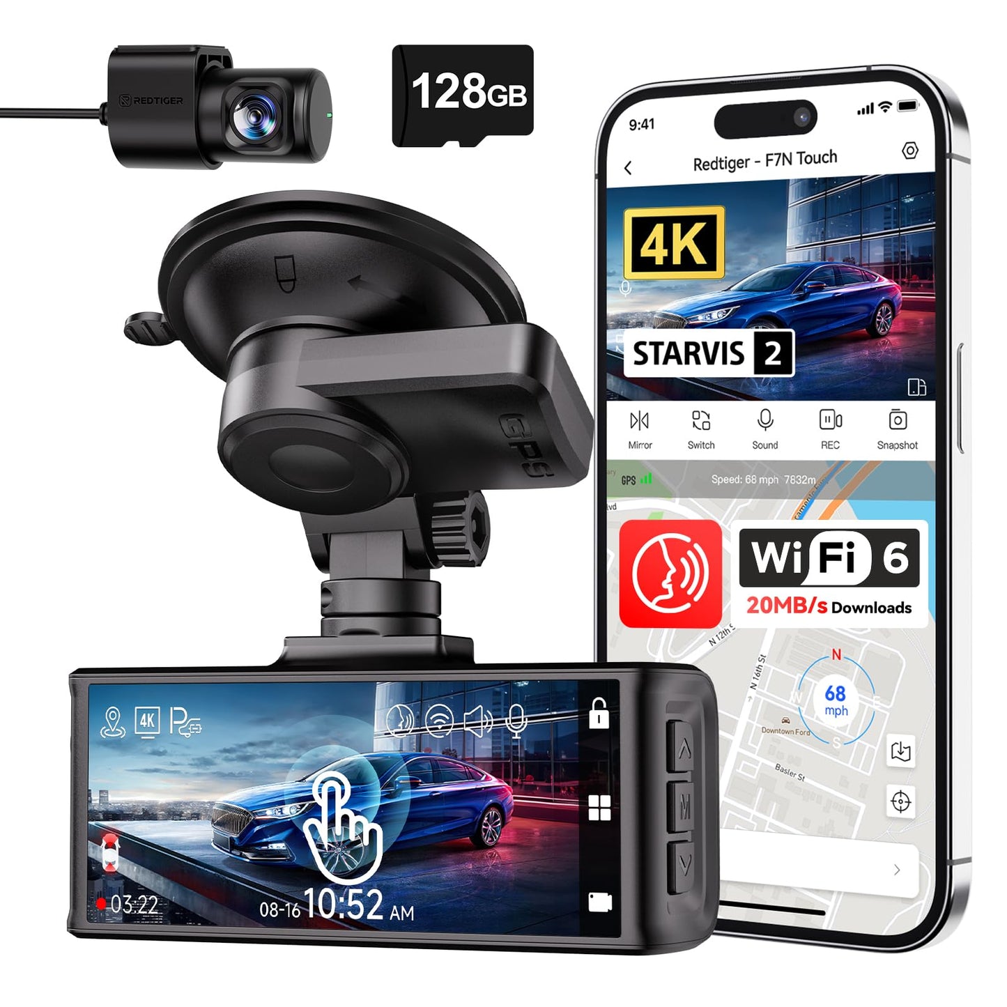 REDTIGER 4K Dash Cam Front and Rear, STARVIS 2 Sensor, Touch Screen 3.18", Voice Control, 20MB/s 5.8GHz WiFi 6 Car DashCam with 128GB Card, GPS, Night Vision, Emergency Lock, Parking Mode(F7N Touch) 🍁 All In One Marketplace Canada