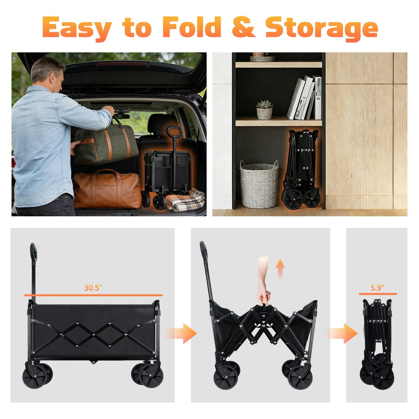 220LBS Collapsible Foldable Wagon Carts - Heavy Duty Portable Folding Utility Wagons with All-Terrain Wheels for Grocery Sports Shopping Camping Garden Beach, 2 Drink Holders/Lightweight/Black 🍁 All In One Marketplace Canada