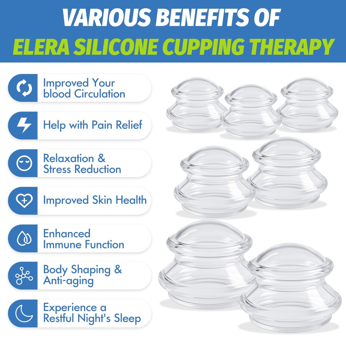 ELERA Silicone Cupping Therapy Set (3 Sizes, 7 Cups), Reusable Massage Cups for Deep Tissue, Cellulite, Face, Neck, Back, Joint, Body Relaxation 🍁 All In One Marketplace Canada