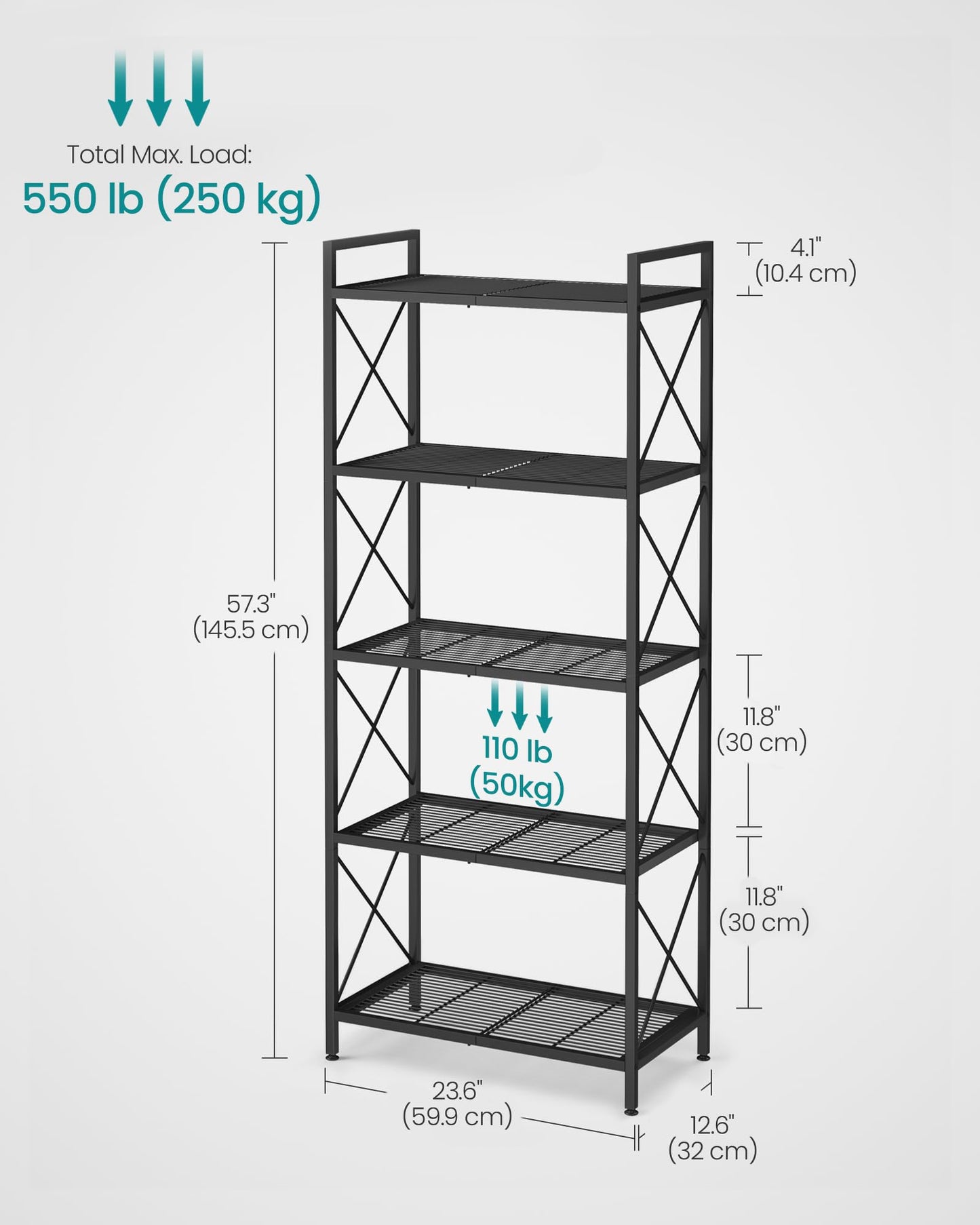 SONGMICS 5-Tier Metal Storage Rack, Shelving Unit with X Side Frames, Dense Mesh, 12.6 x 23.6 x 57.3 Inches, for Entryway, Kitchen, Living Room, Bathroom, Industrial Style, Ink Black UBSC165B01 🍁 All In One Marketplace Canada
