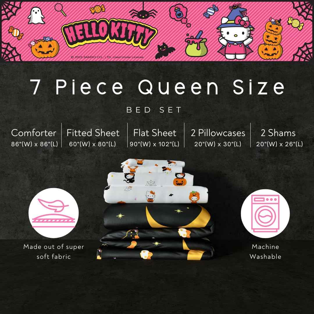 Sanrio Hello Kitty Halloween Pumpkin Queen Bed Set – Super Soft & Cozy 5 Piece Reversible Comforter and Sheet Set (Officially Licensed Product) by Franco