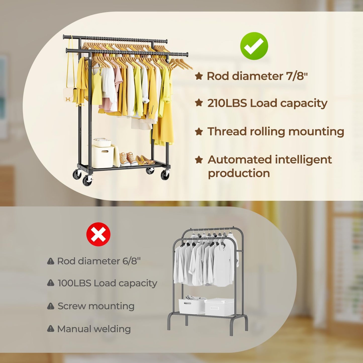 HYSEYY Double Rods Clothing Rack, Rolling Clothes Rack, Metal Garment Rack with 4 Lockable Wheels & Storage Shelf, Sturdy Coat Rack for Bedroom, Laundry, Living Room - 160H x 113W x 42D cm (Black) 🍁 All In One Marketplace Canada