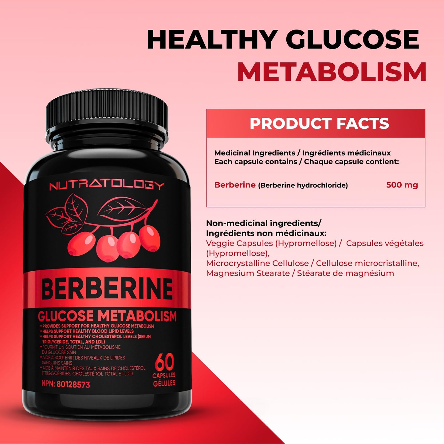 Nutratology® Berberine Supplement | Canadian-Made | Max Potency 500MG Per Capsule - Supports Glucose Metabolism & Healthy Blood Sugar Levels Through Efficient Metabolism Of Sugar & Fats - 60 Capsules 🍁 All In One Marketplace Canada
