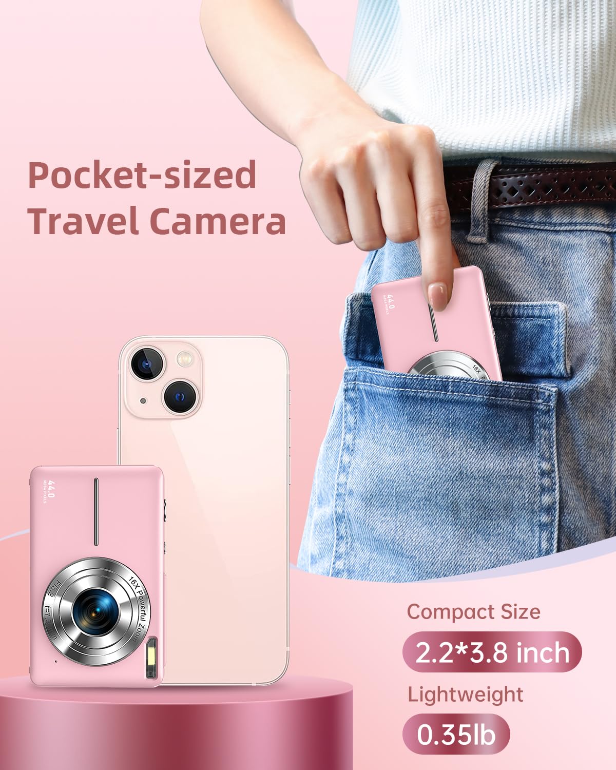 CAMKORY Digital Camera, Full HD 1080P Point and Shoot Camera, 44MP Kids Camera with 32GB Card, 16X Zoom, Pink 🍁 All In One Marketplace Canada