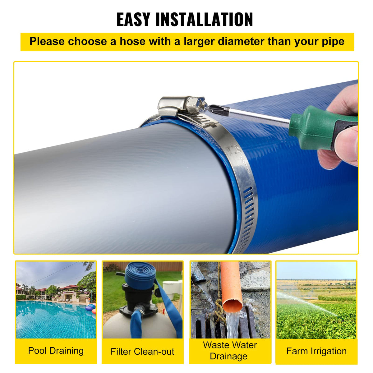 VEVOR Discharge Hose, 1-1/2" x 100', PVC Fabric Lay Flat Hose, Heavy Duty Backwash Drain Hose with Clamps, Weather-Proof & Burst-Proof, Ideal for Swimming Pool & Water Transfer, Blue 🍁 All In One Marketplace Canada