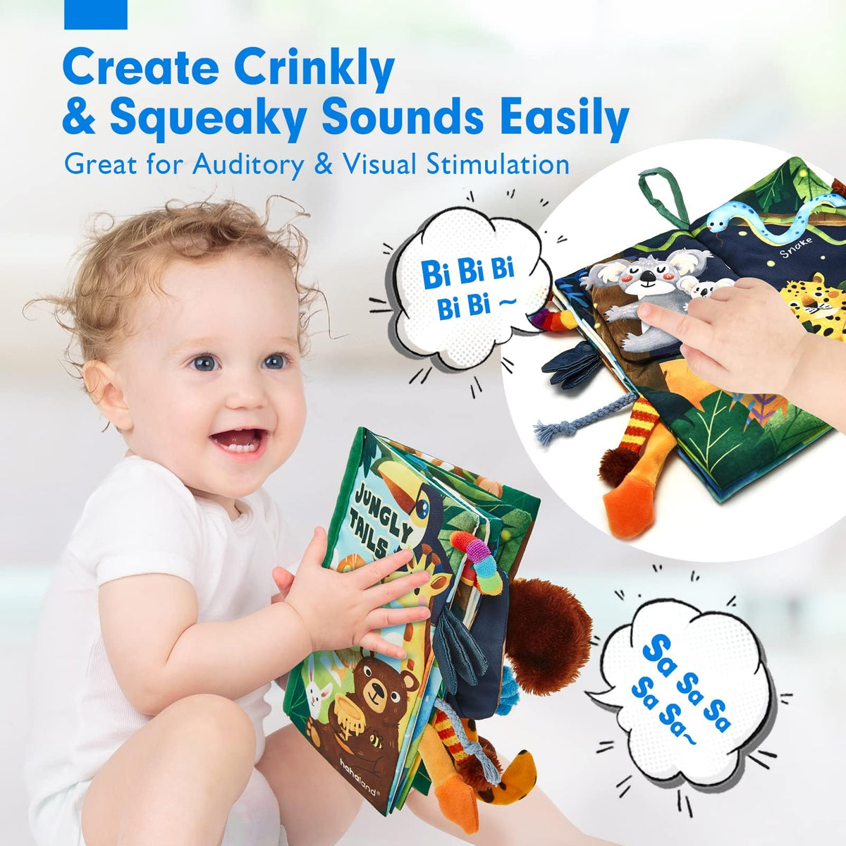 hahaland Baby Book Toy 0 3 6 12 Months - Touch and Feel First Crinkle Cloth Soft Book for Babies 0 Months, Baby Boy Girl Gifts for Newborn Infant - Jungly Tails Theme 🍁 All In One Marketplace Canada