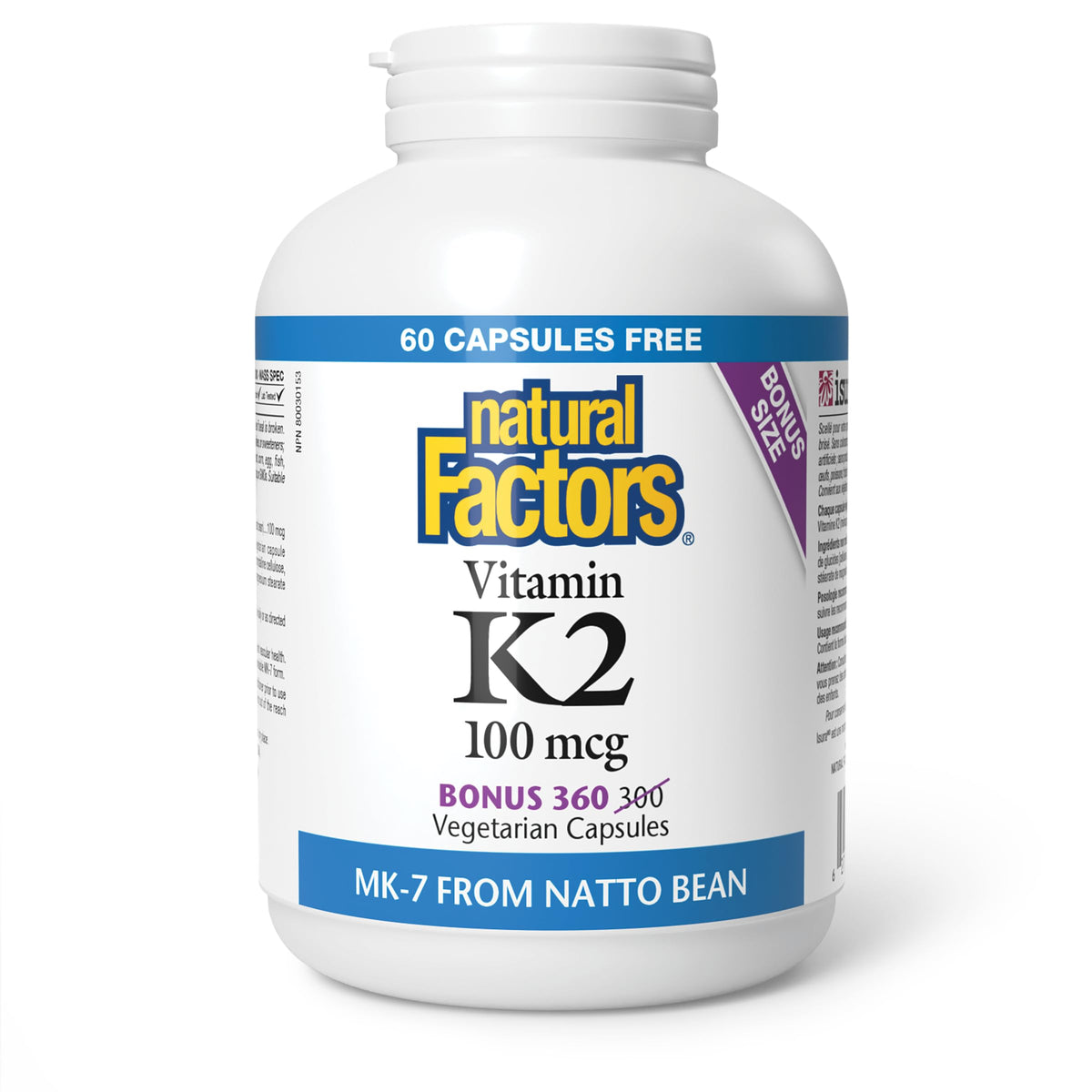Natural Factors K2 Vitamin Supplement 100 mcg, VALUE SIZE, 360 Vegetarian Capsules, MK-7 from Natto Bean, Helps Support Bones, Vegan, Non-GMO, Proudly Canadian 🍁 All In One Marketplace Canada