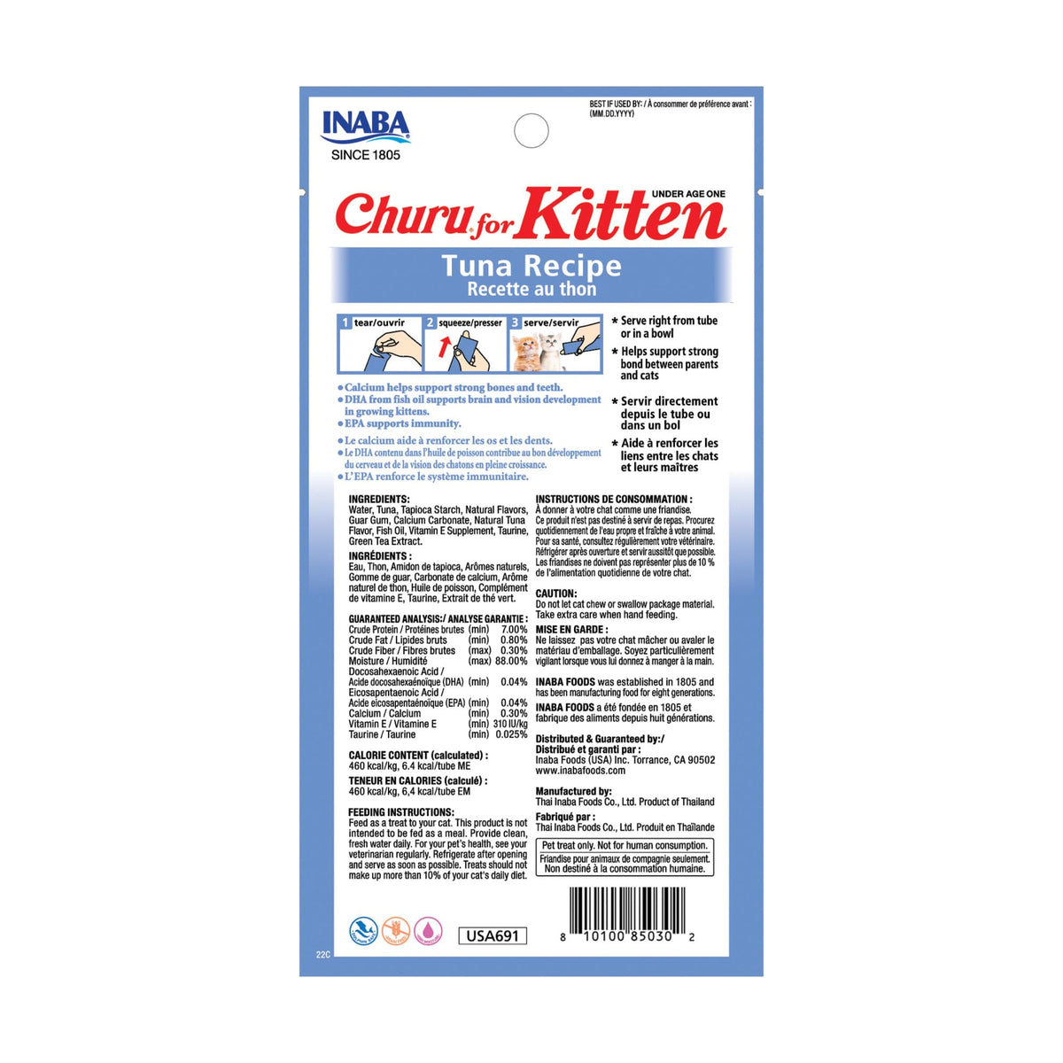 INABA Churu for Kittens, Creamy, Purée Lickable Cat Treats with DHA, EPA, Vitamin E & Taurine, 14 Grams Each, 24 Tubes (4 per Pack), Tuna Recipe 🍁 All In One Marketplace Canada