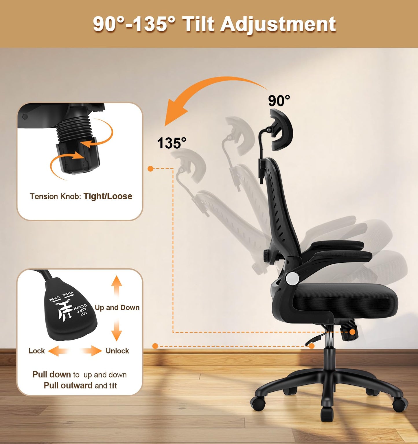 Office Chair, SPRDENG Ergonomic Office Chair with Two-Way Adjustable Lumbar Support & Headrest, High Back S-Shaped Computer Chair with Flip-up Padded Armrests, Swivel Task Chair for Home Office 🍁 All In One Marketplace Canada