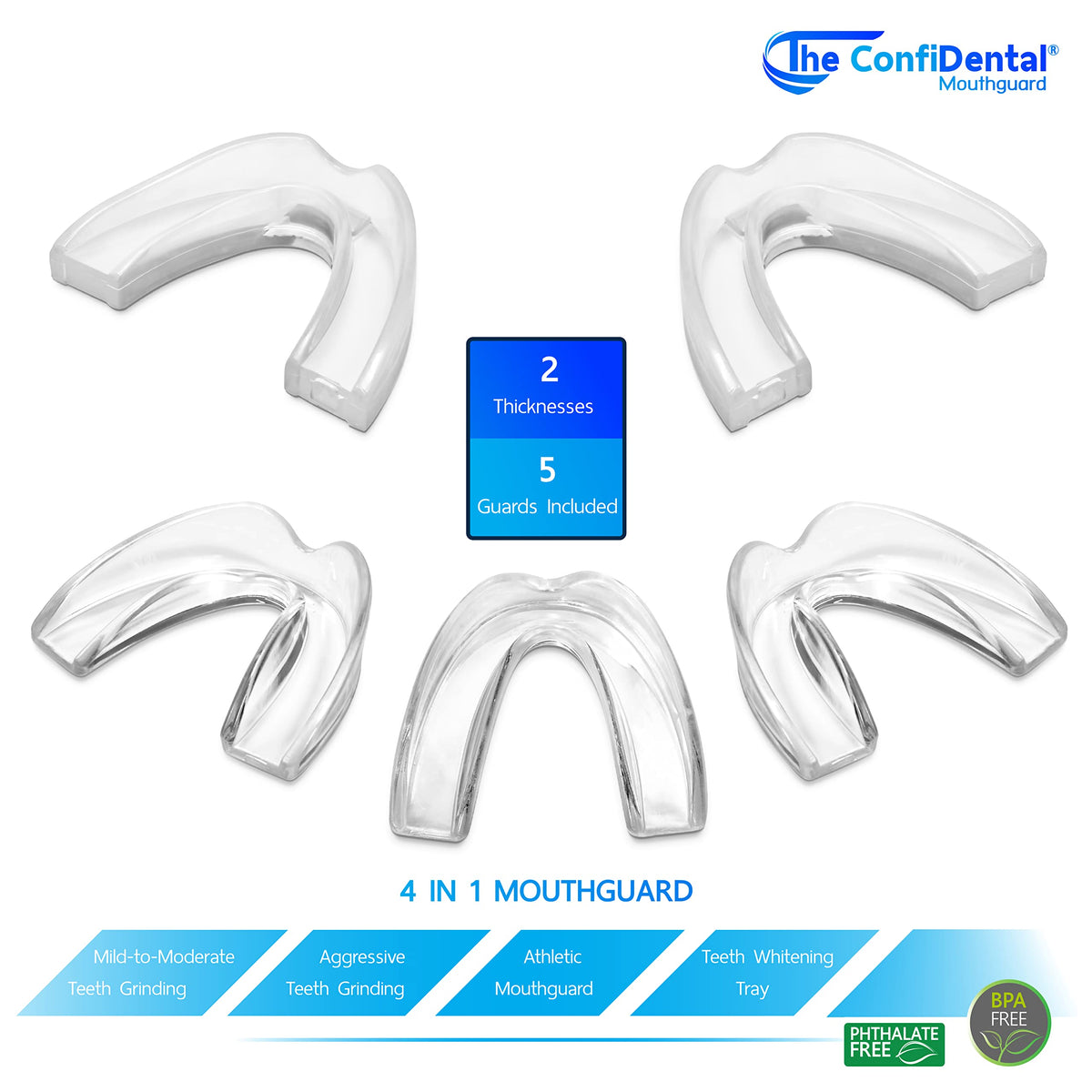 The ConfiDental - Moldable Mouth Guard for Teeth Grinding Clenching Bruxism Sport Athletic Whitening Tray Pack of 5 Including 3 Regular and 2 Heavy Duty Guard (3 (Ill) Regular 2 (ll) Heavy Duty) 🍁 All In One Marketplace Canada
