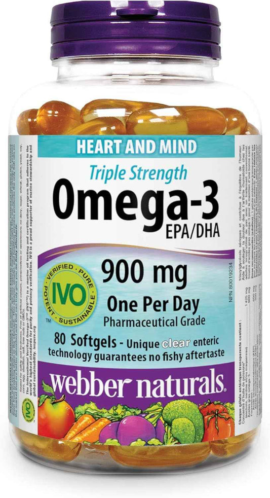 Webber Naturals Omega-3 900 mg Triple Strength, 80 Clear Enteric No Fishy Aftertaste Softgels, Supports Cardiovascular Health and Brain Function 🍁 All In One Marketplace Canada