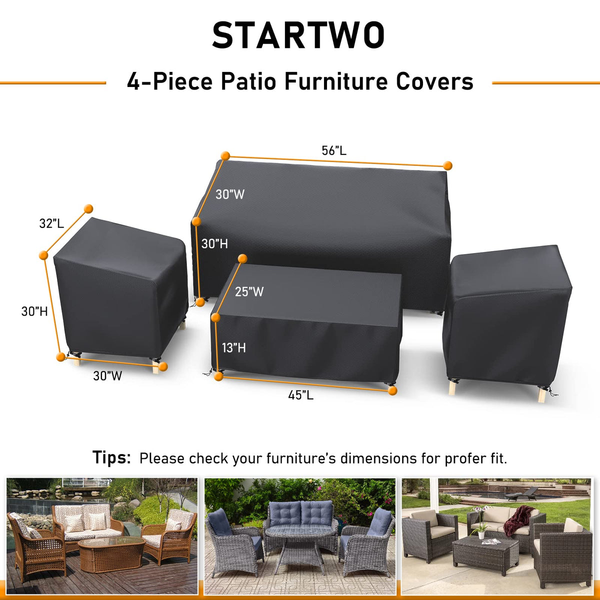 STARTWO Outdoor Waterproof Patio Furniture Covers 4-Piece Set for Chairs 32in, Loveseat 56in, Coffee Table 45in, Heavy Duty 600D, Black 🍁 All In One Marketplace Canada