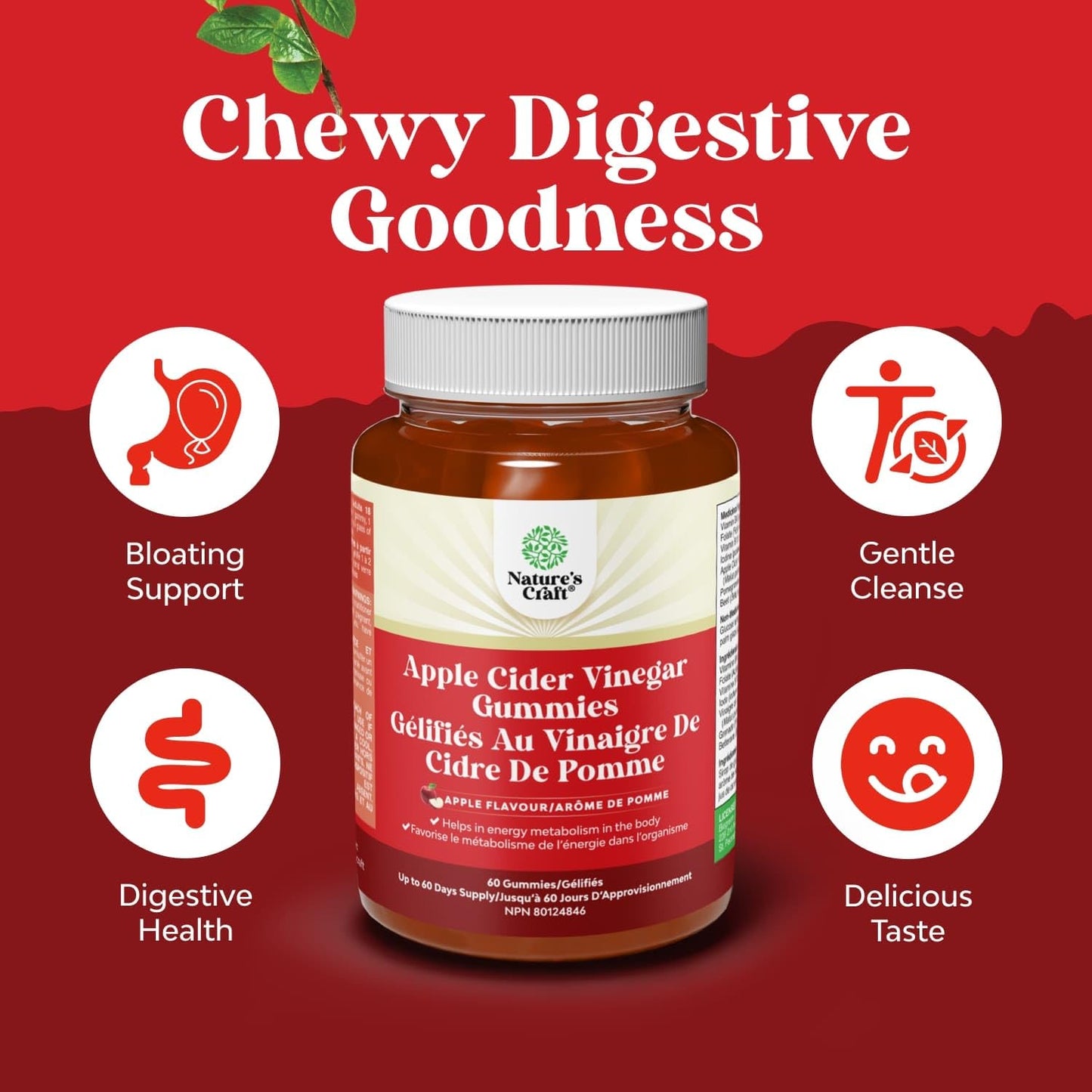 Apple Cider Vinegar Gummies with Mother - Supports Appetite Control - ACV Gummies for Detox & Cleanse - Gut Health & Bloating - Metabolism & Energy Support - ACV with Mother - B12 & B6 Vitamin - 60 Ct 🍁 All In One Marketplace Canada