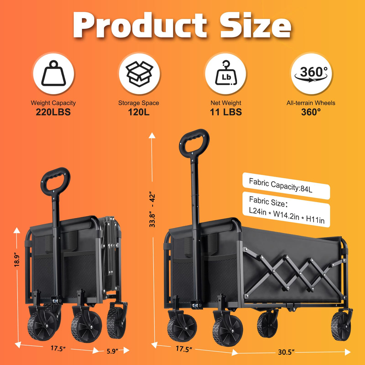 220LBS Collapsible Foldable Wagon Carts - Heavy Duty Portable Folding Utility Wagons with All-Terrain Wheels for Grocery Sports Shopping Camping Garden Beach, 2 Drink Holders/Lightweight/Black 🍁 All In One Marketplace Canada