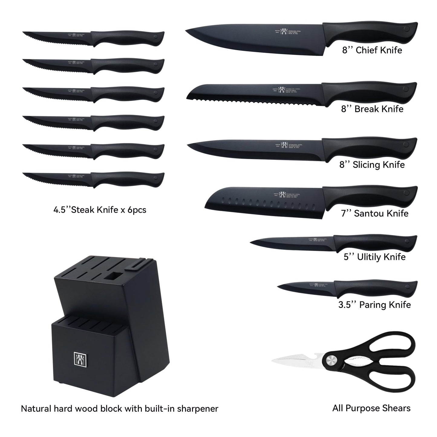 HUNTER.DUAL Knife Set, Dishwasher Safe Kitchen Knife Set with Block, 15 Pcs Black Kitchen Knife Sets with Block Self Sharpening, 6 Steak Knives, Black 🍁 All In One Marketplace Canada