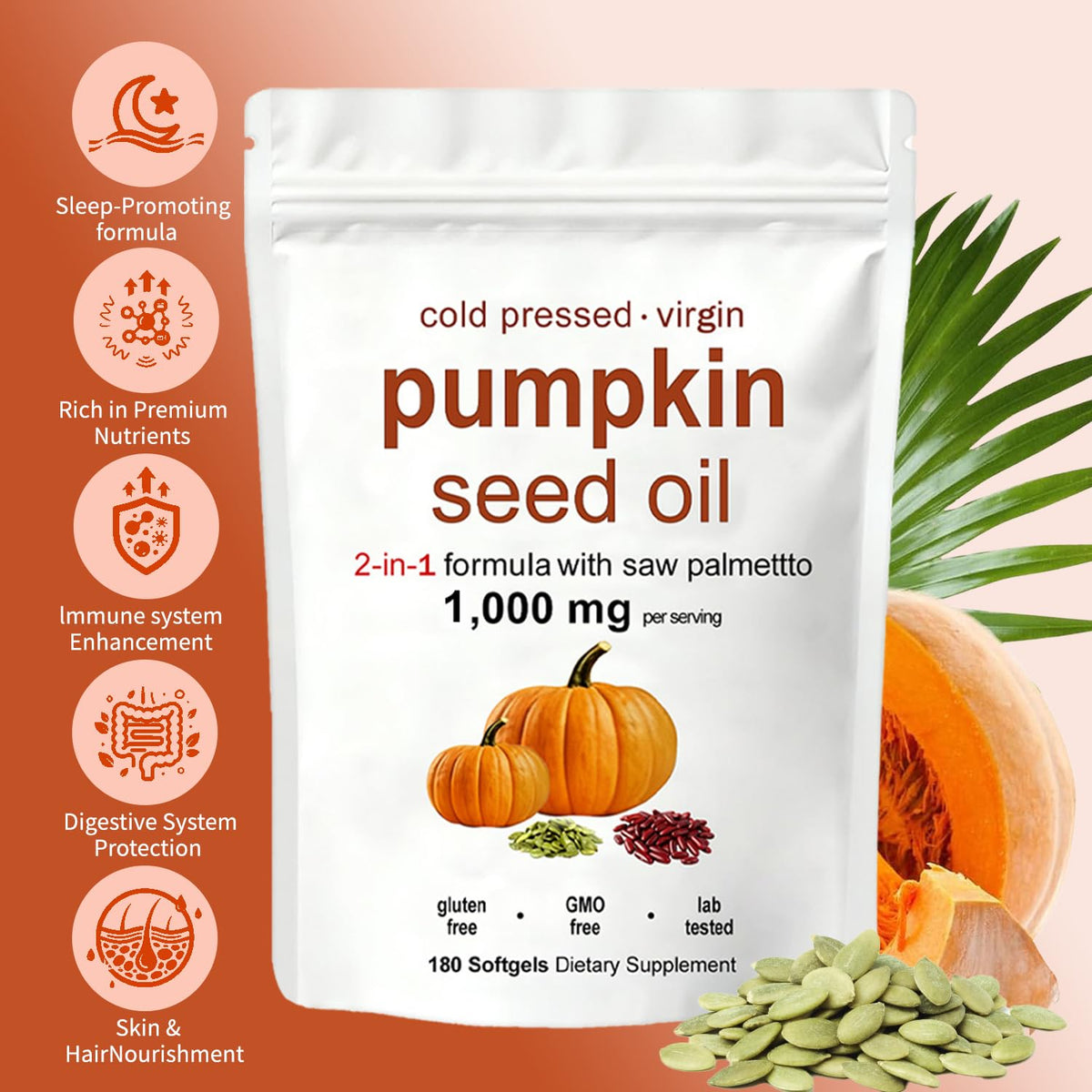 KITABIO Pumpkin Seed Oil Capsules | Pumpkin Seed Oil with Saw Palmetto - Cold-Pressed | Easy-to-Swallow Softgels – Resealable Package | Non-GMO - 180 Pc/1 Bag (Z-1) 🍁 All In One Marketplace Canada
