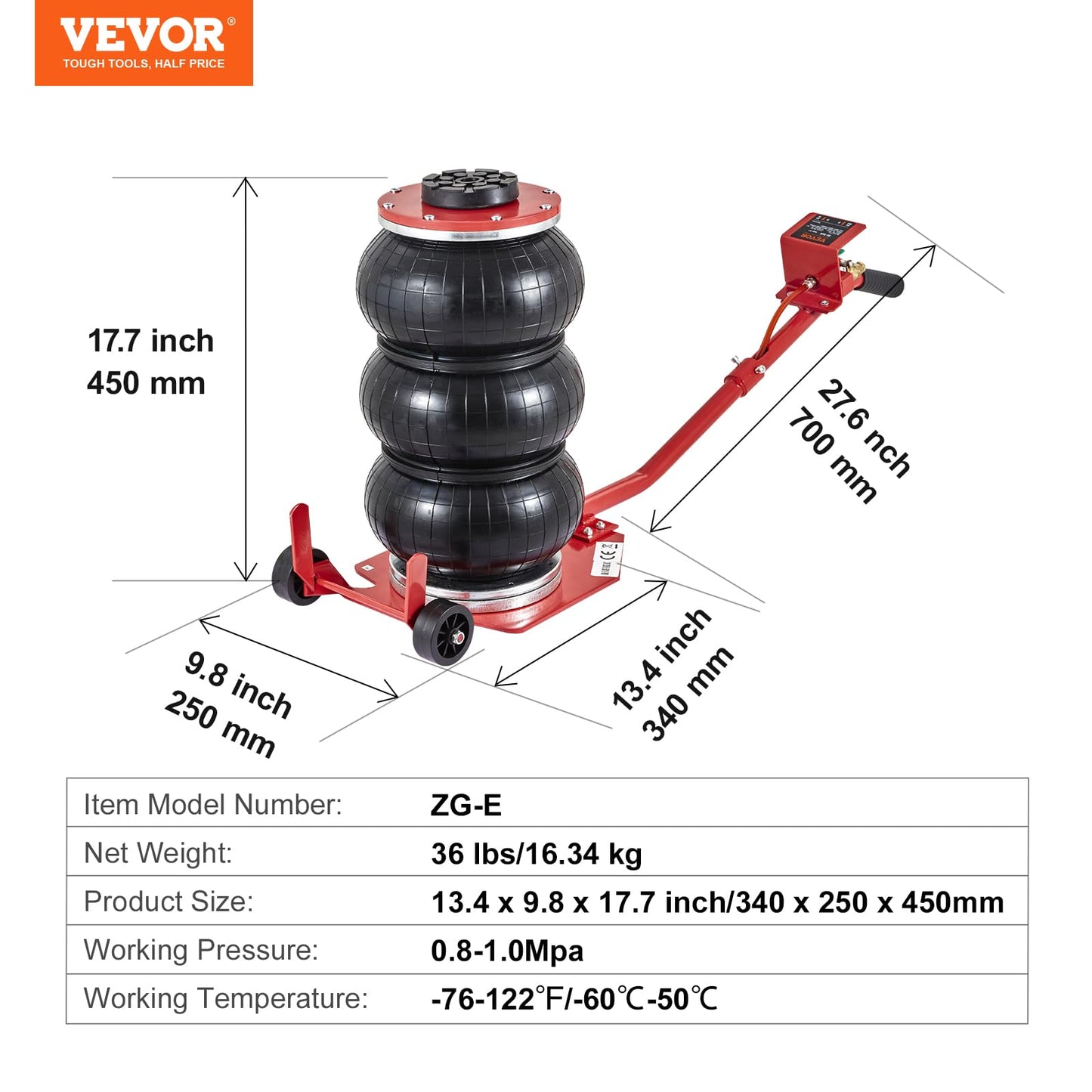 VEVOR Air Jack, 3 Ton/6600 lbs Triple Bag Air Jack, Airbag Jack with Six Steel Pipes, Lift up to 17.7 inch/450 mm, 3-5 s Fast Lifting Pneumatic Jack, with Long Handles for Cars, Garages, Repair, (Red) 🍁 All In One Marketplace Canada