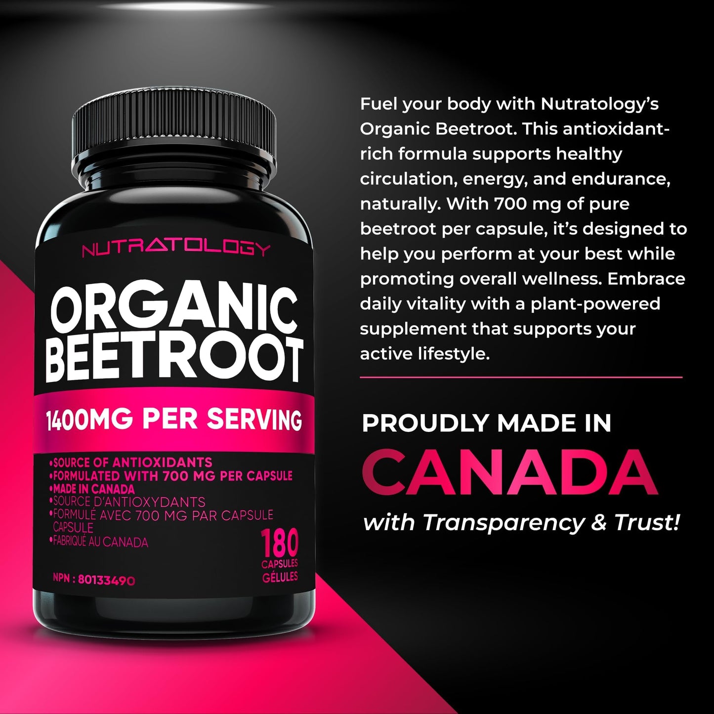 Nutratology® Organic Beetroot Capsules | 1400mg per Daily Serving | 180 Capsules | Canadian Made | Source of Antioxidants | Organic Beet Root Powder 🍁 All In One Marketplace Canada