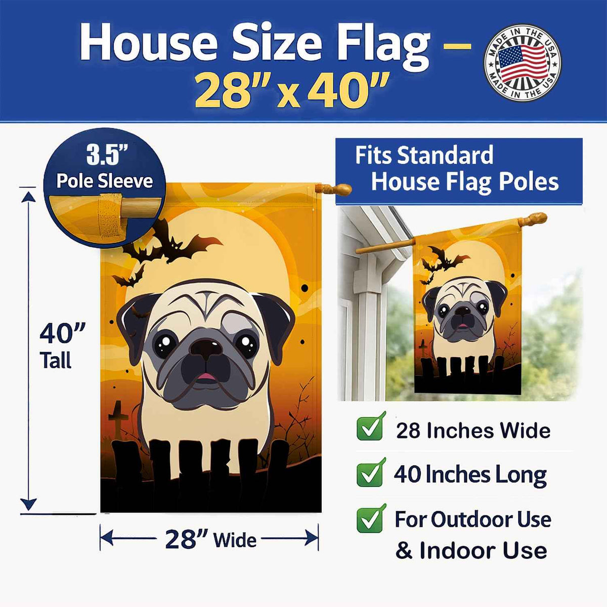 Caroline's Treasures BB1820CHF Halloween Fawn Pug Canvas House Size Flag, Multicolor, Large