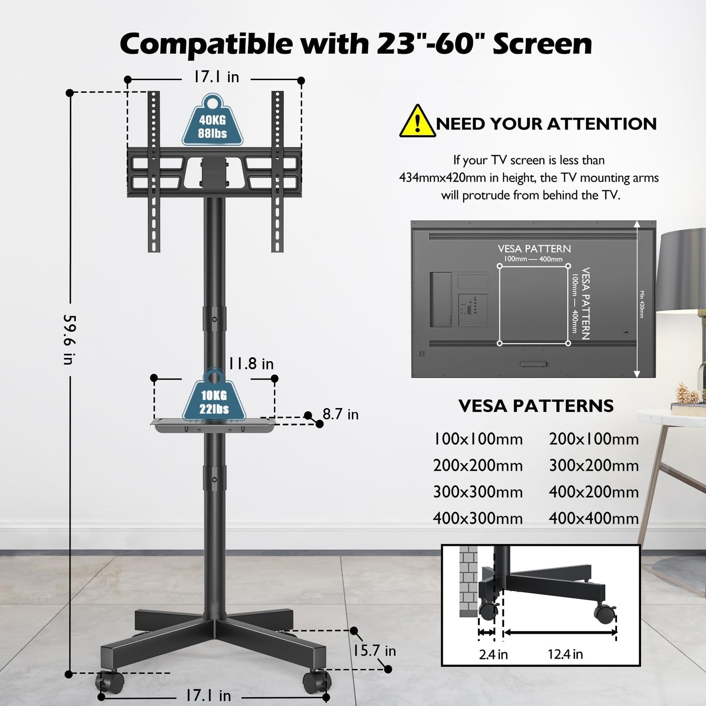 BONTEC Mobile TV Stand with Tilt Function, Rolling TV Cart for 23-60" LED, LCD, OLED TVs, Holds up to 88lbs, Max VESA 400x400mm, Adjustable Media Shelf, TV Stand for Living Room, Bedroom, Office 🍁 All In One Marketplace Canada