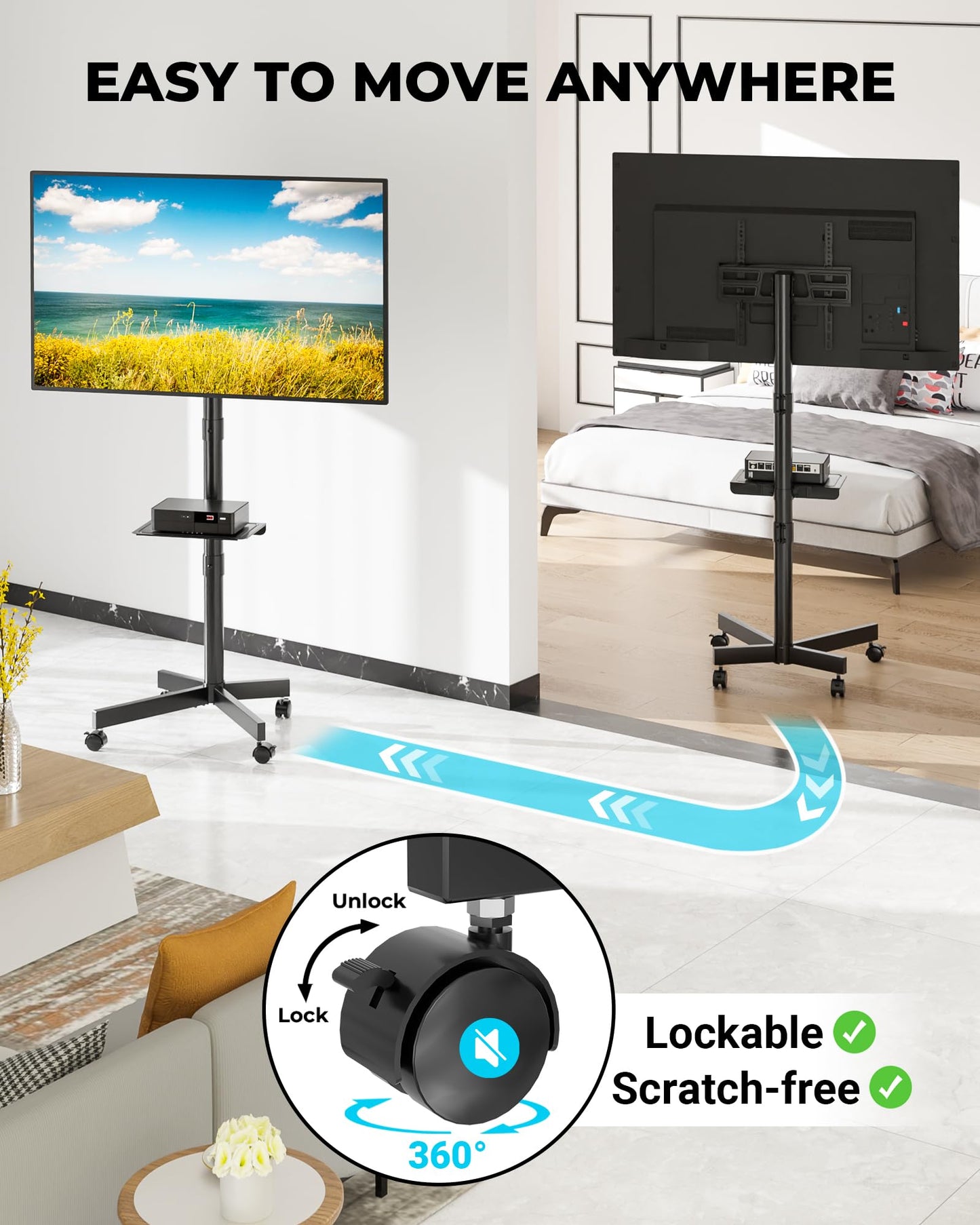 BONTEC Mobile TV Stand with Tilt Function, Rolling TV Cart for 23-60" LED, LCD, OLED TVs, Holds up to 88lbs, Max VESA 400x400mm, Adjustable Media Shelf, TV Stand for Living Room, Bedroom, Office 🍁 All In One Marketplace Canada