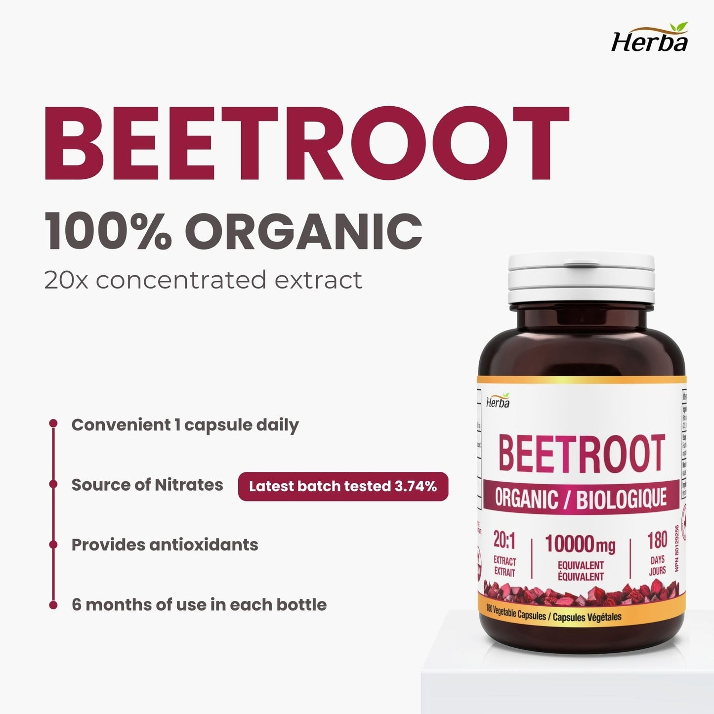 Herba 10,000mg Organic BeetRoot Capsules – 180 Count | 20:1 Beet Root Powder in Capsule | Nitric Oxide Supplements for Men & Women | Made in Canada 🍁 All In One Marketplace Canada