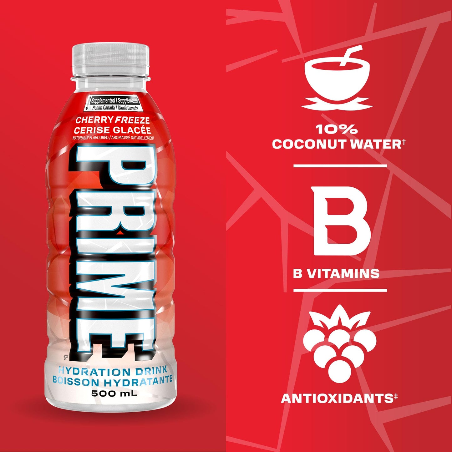 PRIME Hydration CHERRY FREEZE | Sports Drinks | Electrolyte Enhanced | B Vitamins | Antioxidants | 2g of Sugar | 500 mL | 12 Pack 🍁 All In One Marketplace Canada