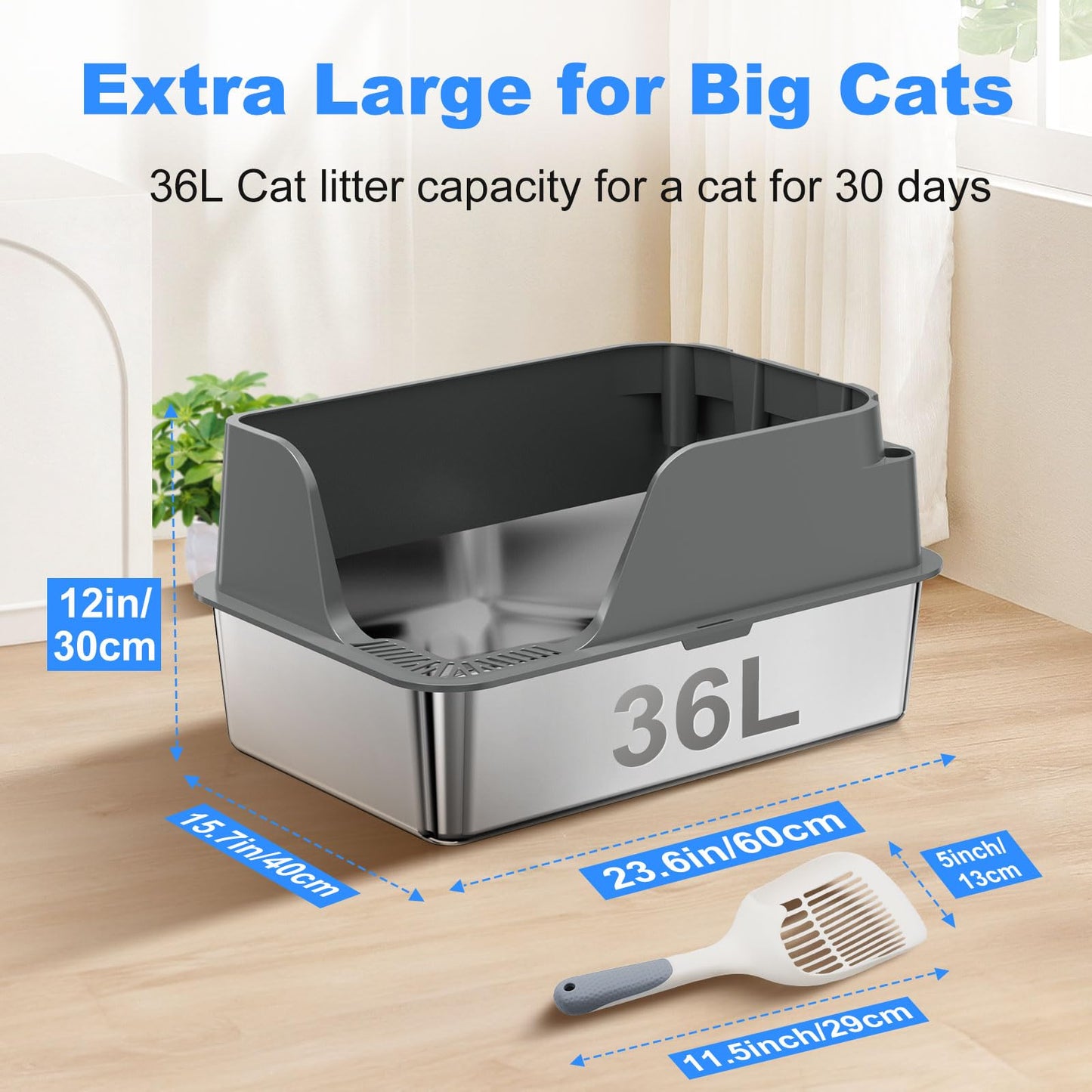 Stainless Steel Cat Litter Box with Lid, XL Litter Box for Big Cats, High Sided Metal Pan, Anti Leakage,Odor-Free & Easy Cleaning,Included Scoop &Trash Bag*2 & Mat & Sticker (Grey) 🍁 All In One Marketplace Canada