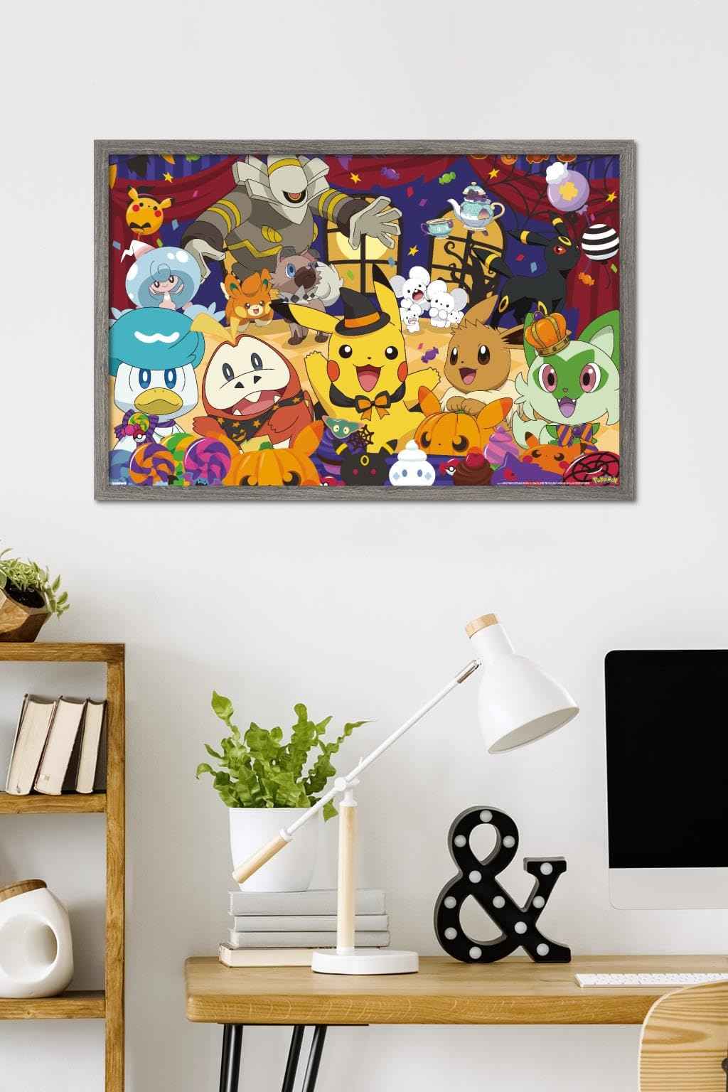 Pokémon: Halloween Party- Group Wall Poster, 34L" x 22.4W", Barnwood Framed Version