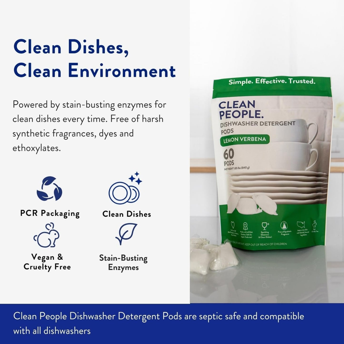 Clean People All Natural Dishwasher Pods - Cuts Grease & Rinses Sparkling Clean - Residue-Free - Phosphate Free Dishwashing Pods - Fragrance Free, 60 Pack 🍁 All In One Marketplace Canada