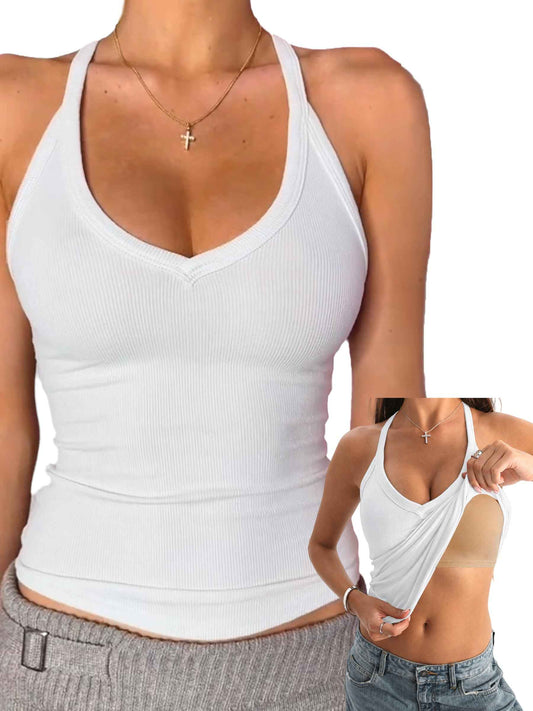 Danysu V Neck Cotton Tank Tops with Built-in Shelf Bra Sleeveless Racerback Fitted Basic Cami Shirts Bright White S 🍁 All In One Marketplace Canada