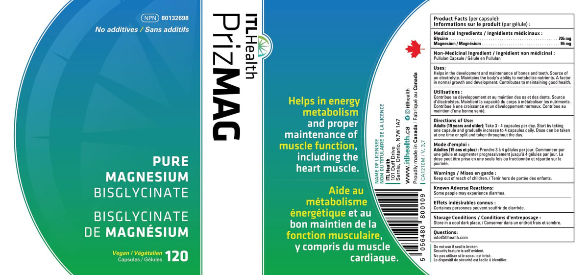PrizMAG Pure Magnesium Bisglycinate, Magnesium Glycinate, 380mg of Mag Per Serving | Supports Muscle & Bone Health - Gentle on Digestion & High Absorption | Made in Canada - 120 Capsules 🍁 All In One Marketplace Canada