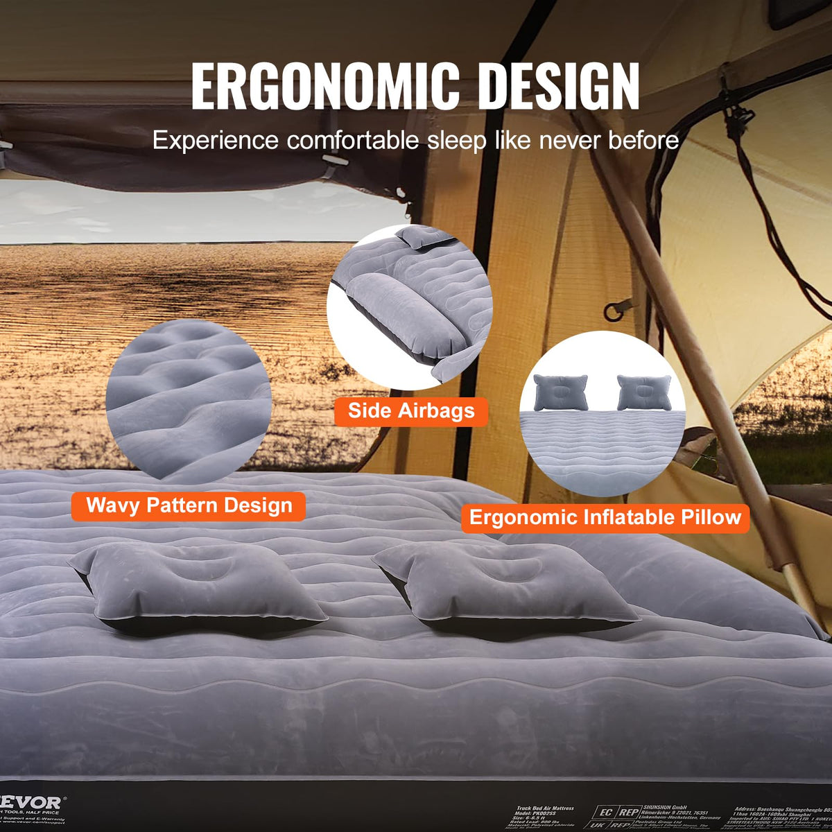 VEVOR Truck Bed Air Mattress, for 6-6.5 ft Full Size Truck Beds, Inflatable Air Mattress Camping Bed with 12V Air Pump 2 Pillows, Carry Bag, for Chevrolet Silverado, Dodge Ram, Ford 150/250/350 🍁 All In One Marketplace Canada