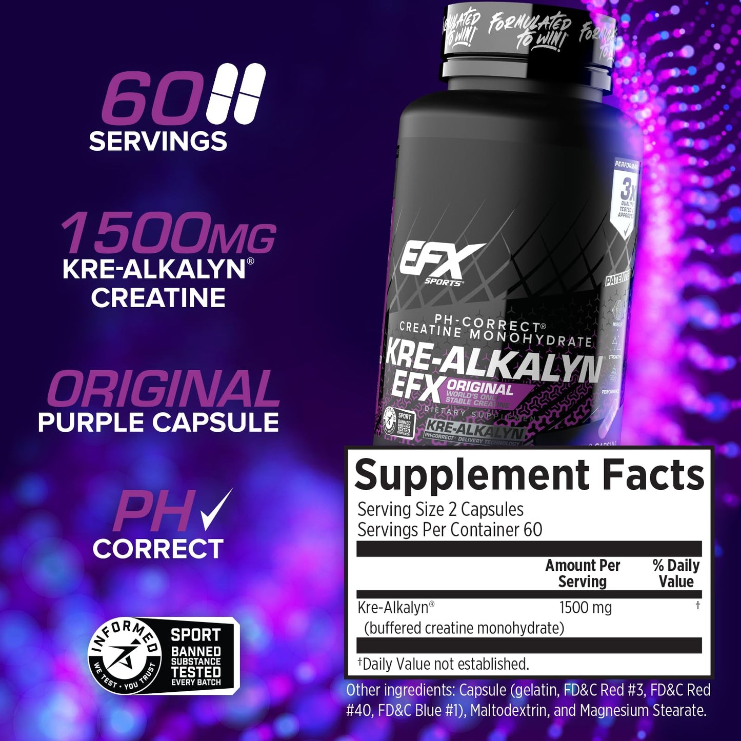 EFX Sports Kre-Alkalyn | PH-Correct Creatine Monohydrate | Informed-Choice, Gain Strength, Build Muscle & Enhance Performance I No Bloating, No Water Retention - 120 Capsules / 60 Servings 🍁 All In One Marketplace Canada