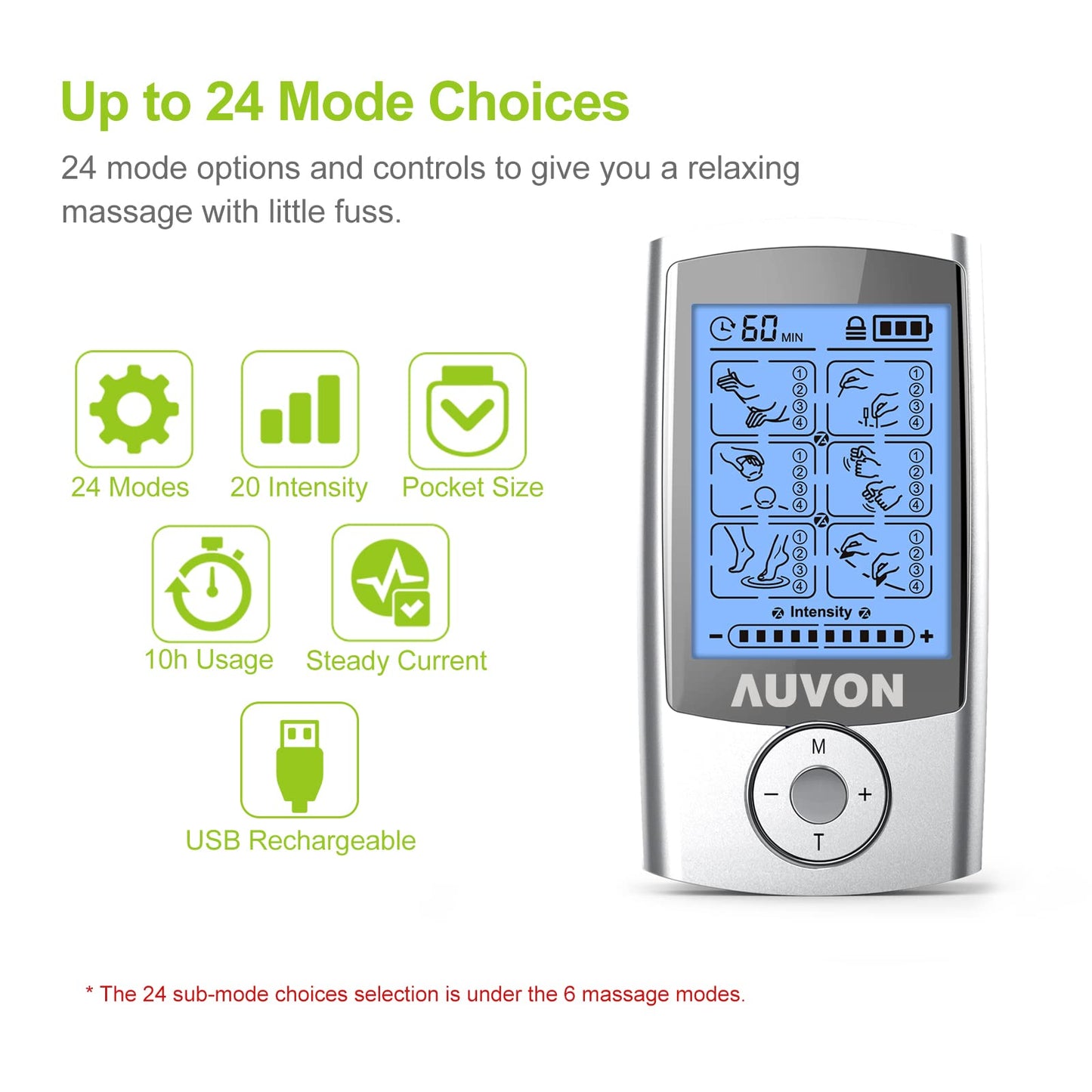 AUVON Rechargeable TENS Machine, 24 Modes 4th Gen TENS Unit Muscle Stimulator with 8pcs 2"x2" Premium Electrode Pads for Pain Relief, Back Pain, Neck Pain, Muscle Pain 🍁 All In One Marketplace Canada