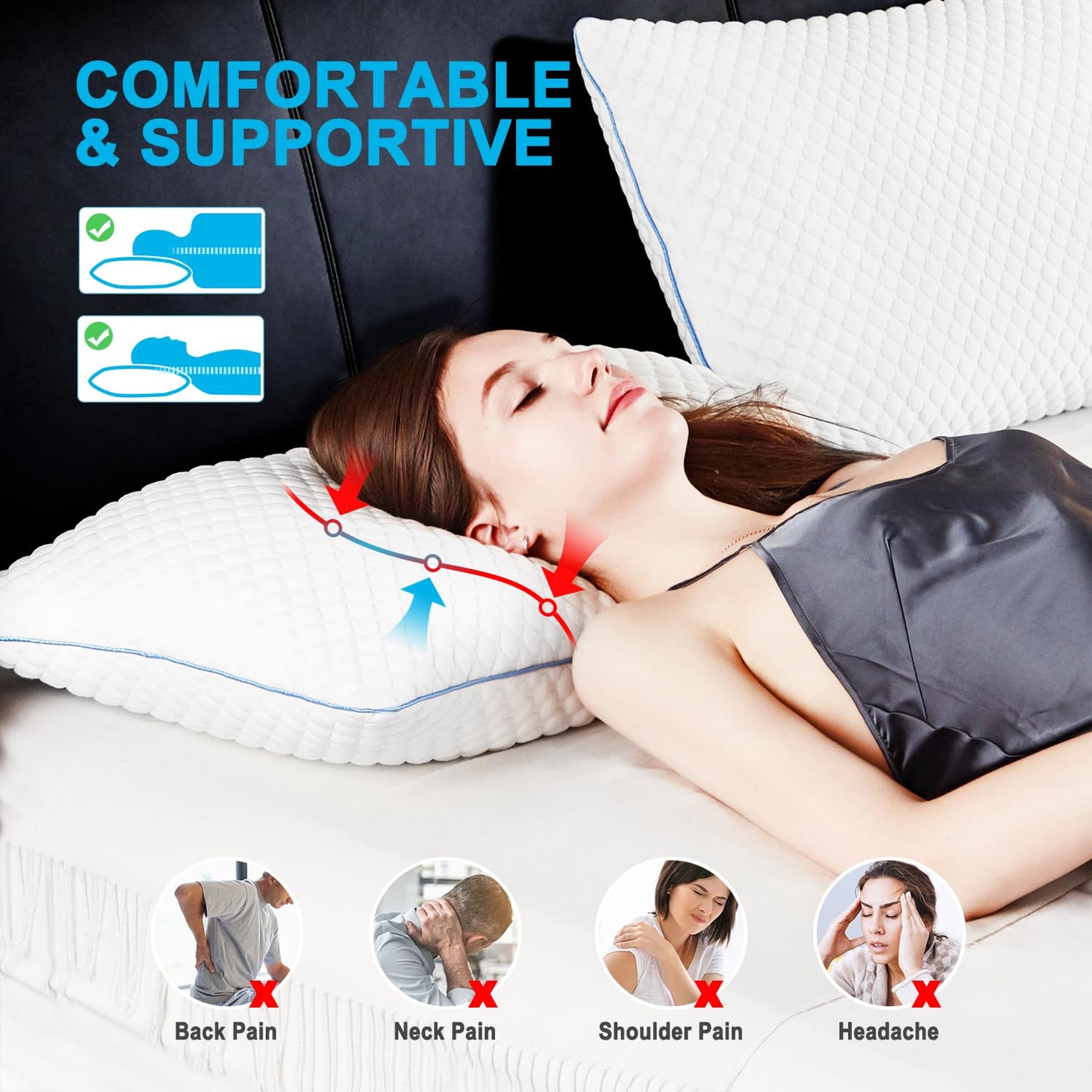 VVZ Cooling Shredded Memory Foam Pillows Queen Size 2 Pack, Adjustable Firm Bed Pillows for Side Back Stomach Sleepers, Luxury Gel Pillow for Hot Sleepers with Breathable Washable Cover 🍁 All In One Marketplace Canada