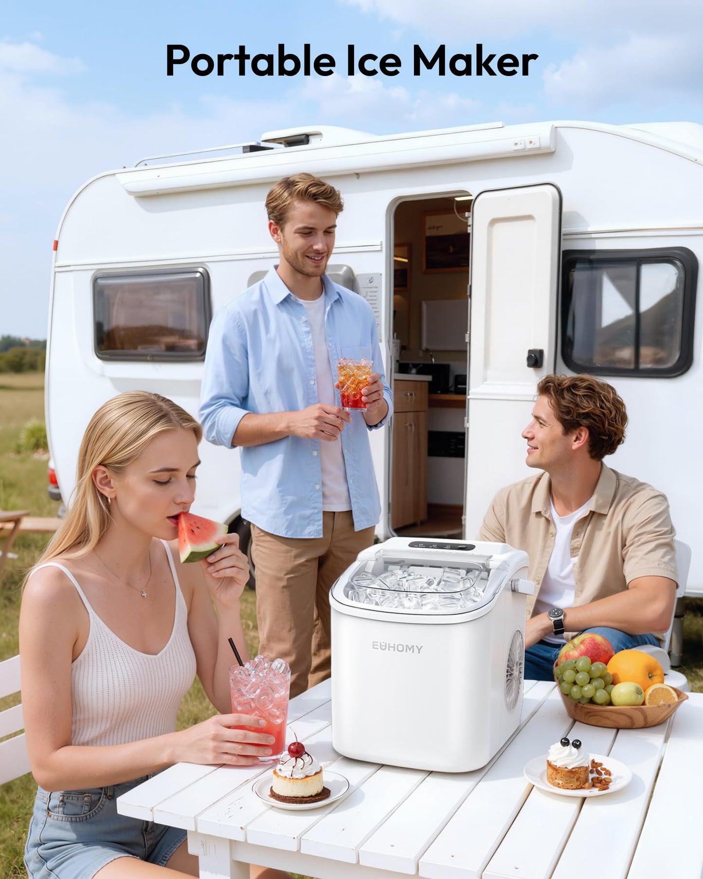 EUHOMY Countertop Ice Maker Machine with Handle, 26lbs Per Day, 9 Ice Cubes Ready in 6 Mins, Auto-Cleaning Portable Ice Maker with Basket and Scoop, for Home/Kitchen/Camping/RV (White) 🍁 All In One Marketplace Canada