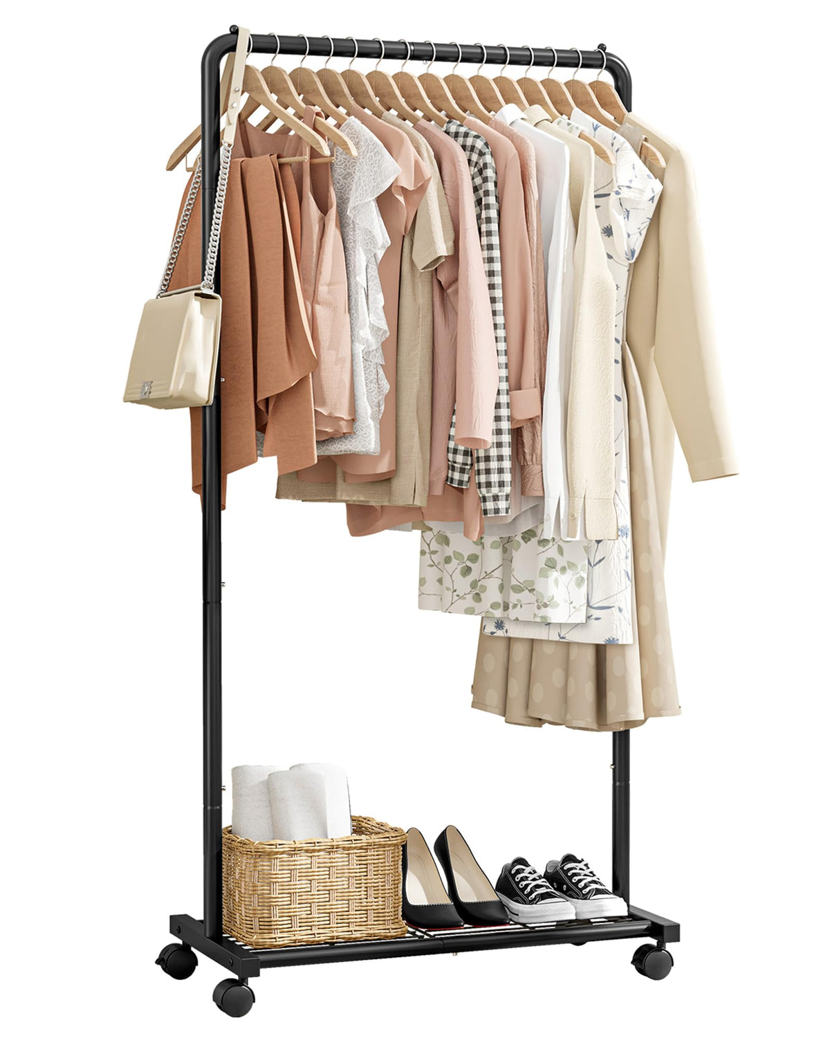 Sakugi Clothing Rack - Movable Multi-Functional Coat Rack with 4 Universal Wheels, Long-Lasting Metal Clothes Rack with Extra Storage Shelf for Bedroom, Office, Laundry(Black, 73W x 43.5D x 150H cm) 🍁 All In One Marketplace Canada