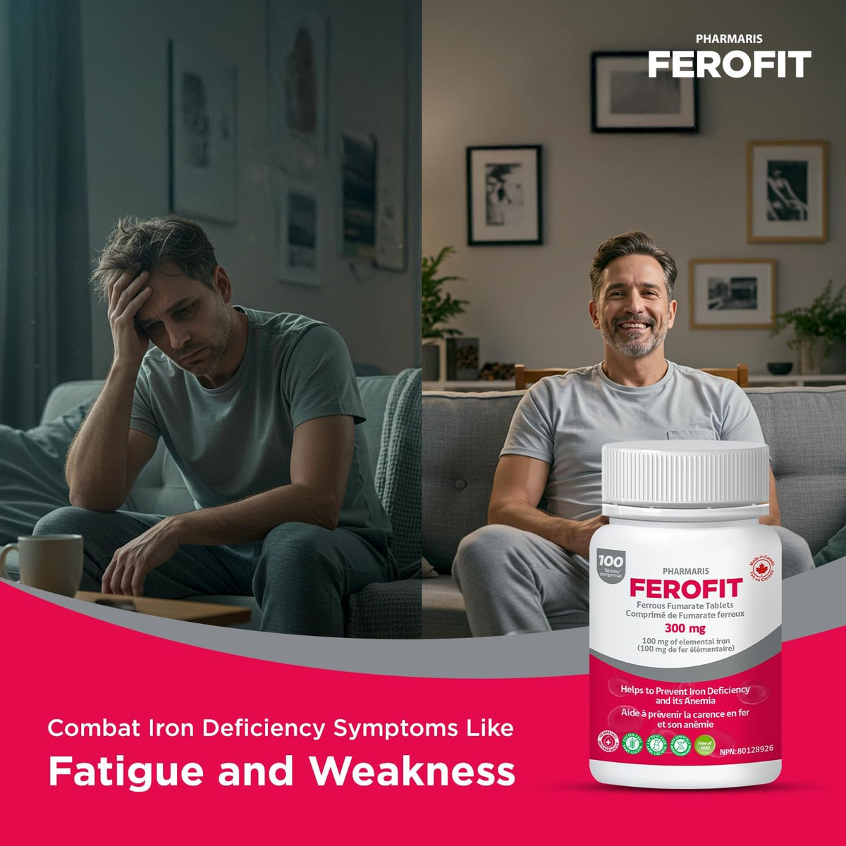 Pharmaris Ferofit - Ferrous Fumarate 300mg (100mg Elemental Iron), Prevents Anemia Due to Deficiency, Iron Supplements for Women & Men, 100 Tablets 🍁 All In One Marketplace Canada