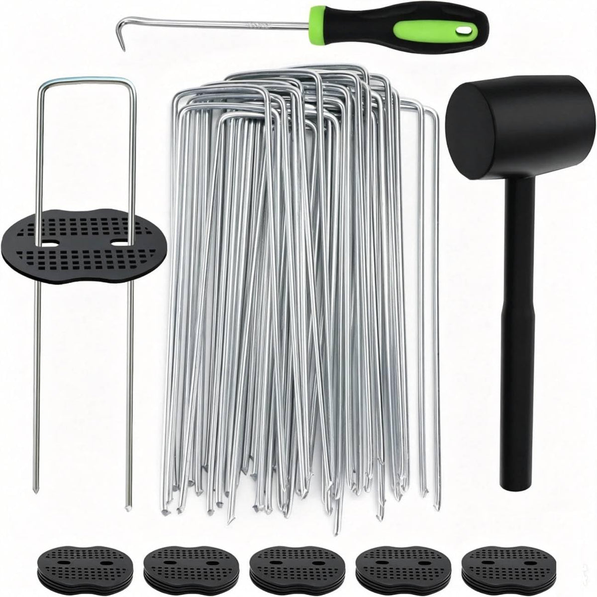 Wohohoho 102Pcs 6 Inches Landscape Staples with Gasket Kit. 50Pcs U-Shaped Garden Stakes and Plastic Fixing Gasket, with Pick Hook and Black Hammer. Pins for Tent Turf Weed Barrier Fabric Hose Fence 🍁 All In One Marketplace Canada